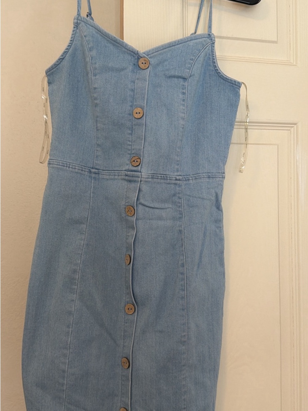 Light Wash Denim Button-Front Spaghetti Strap Dress